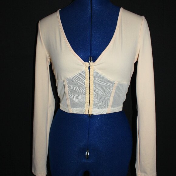 SHEIN ICON Women's Beige Mesh Panel Bust Detail Long Sleeve Top Size M - Picture 1 of 8